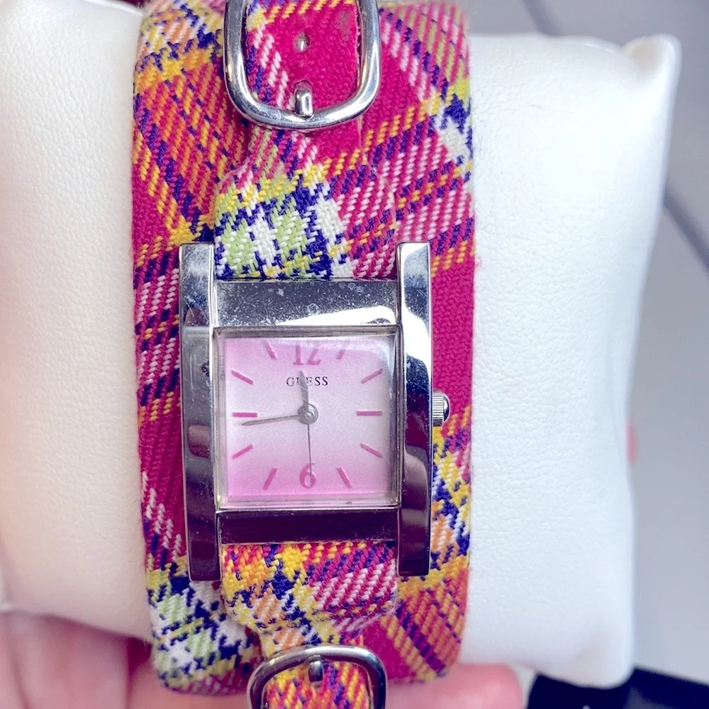 Working! Vintage Y2k Guess Pink Plaid Fabric Watch